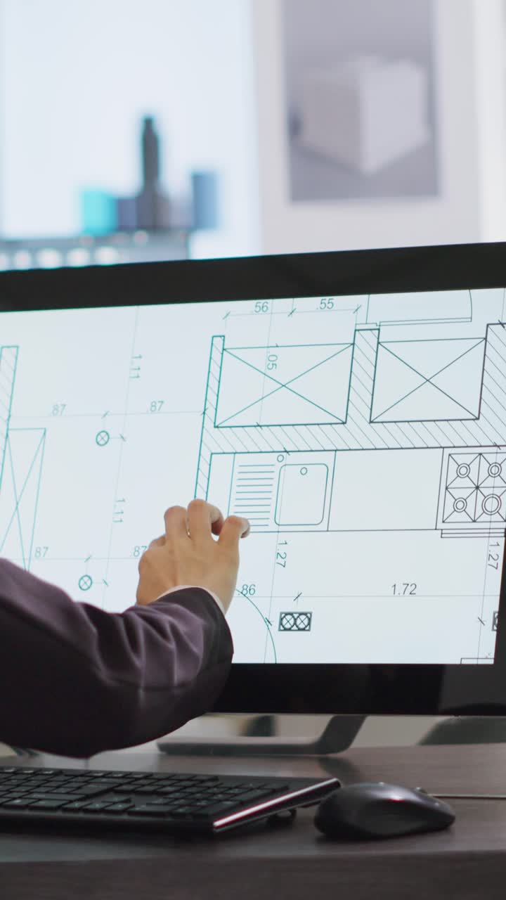 Technicien de vidéo verticale utilisant un logiciel de CAO pour créer un plan