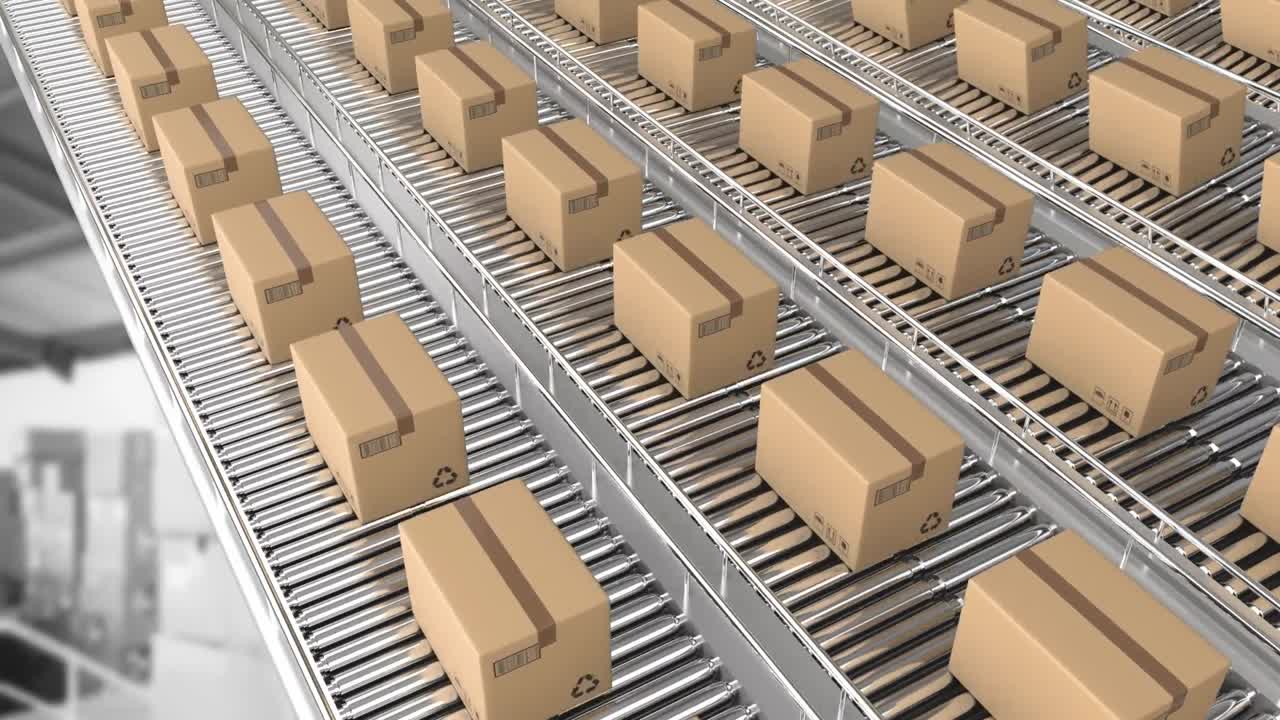 창고 위의 컨베이어 벨트에 있는 상자의 애니메이션