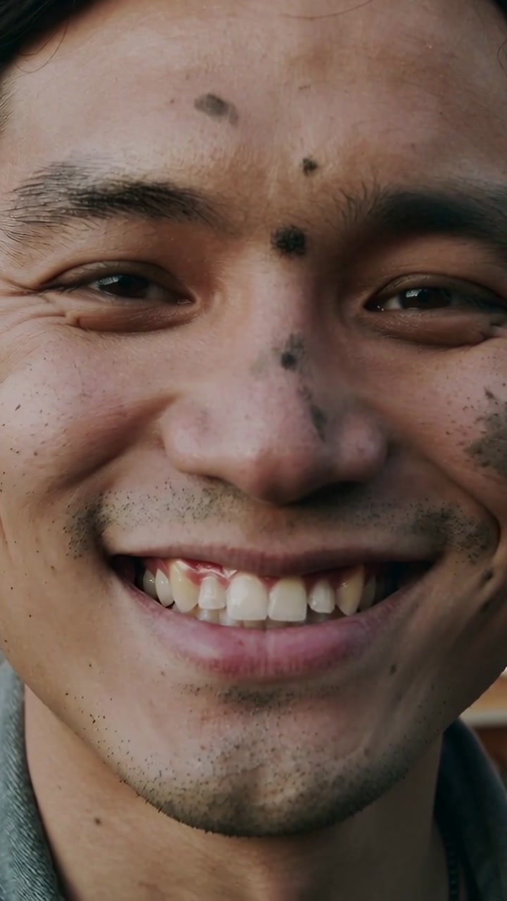 Vertical video: Man smiling and holding gaze while cam starting overlays marking face marks for ads