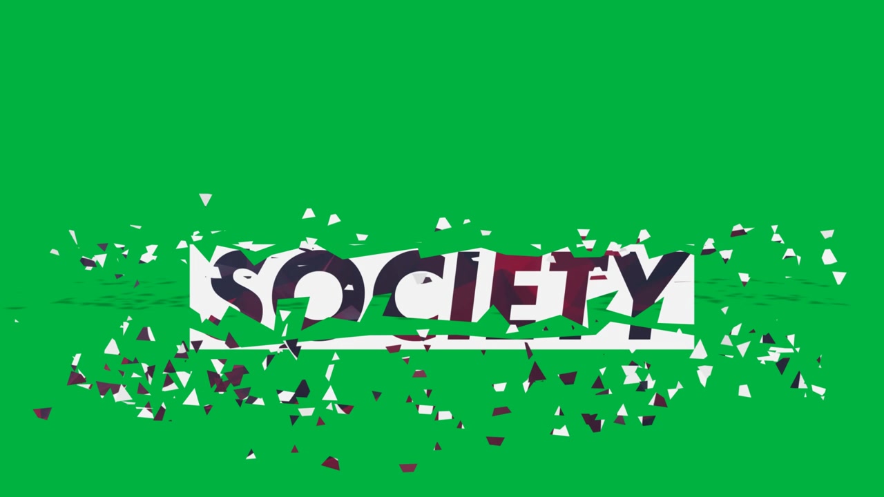 Teksten 'Society' på et smuldrende banner mod sort baggrund