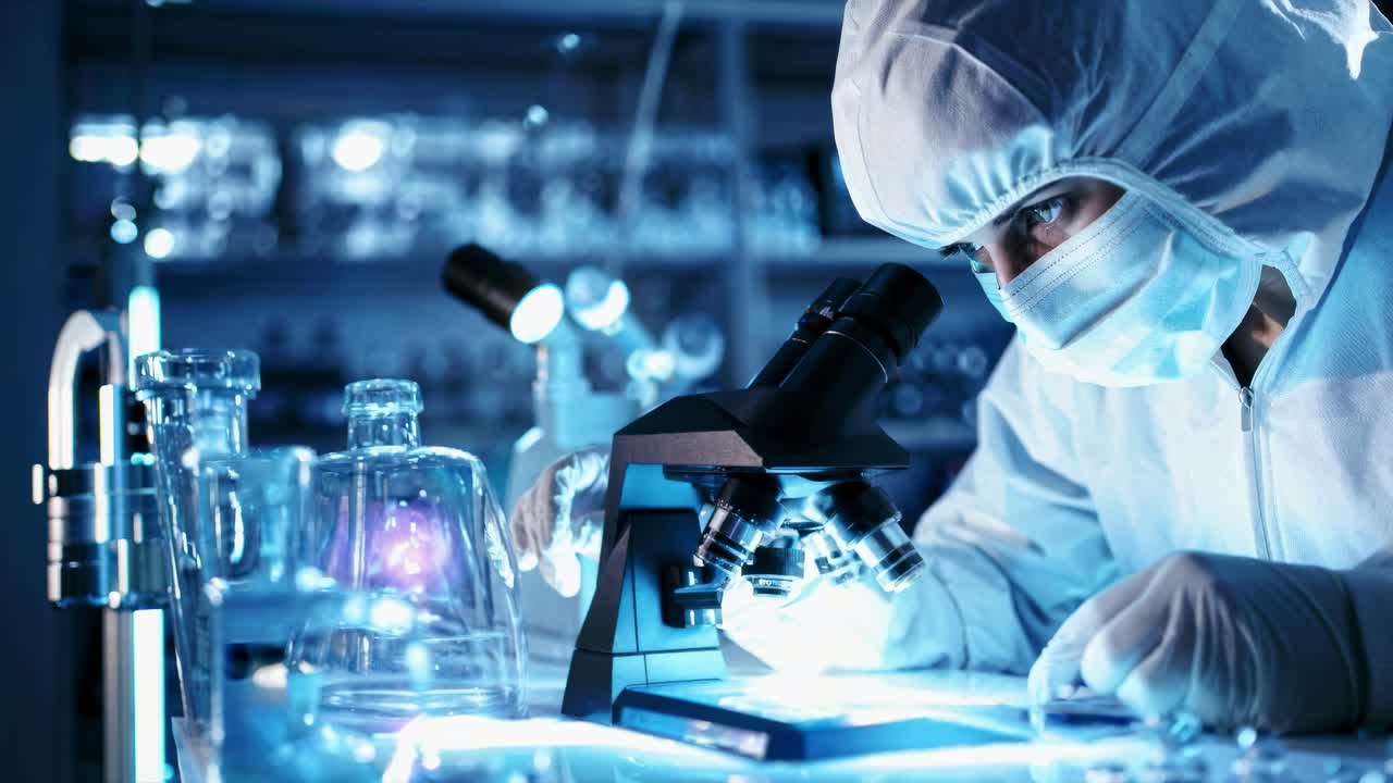 Scientist in protective gear examines samples under a microscope in a lab