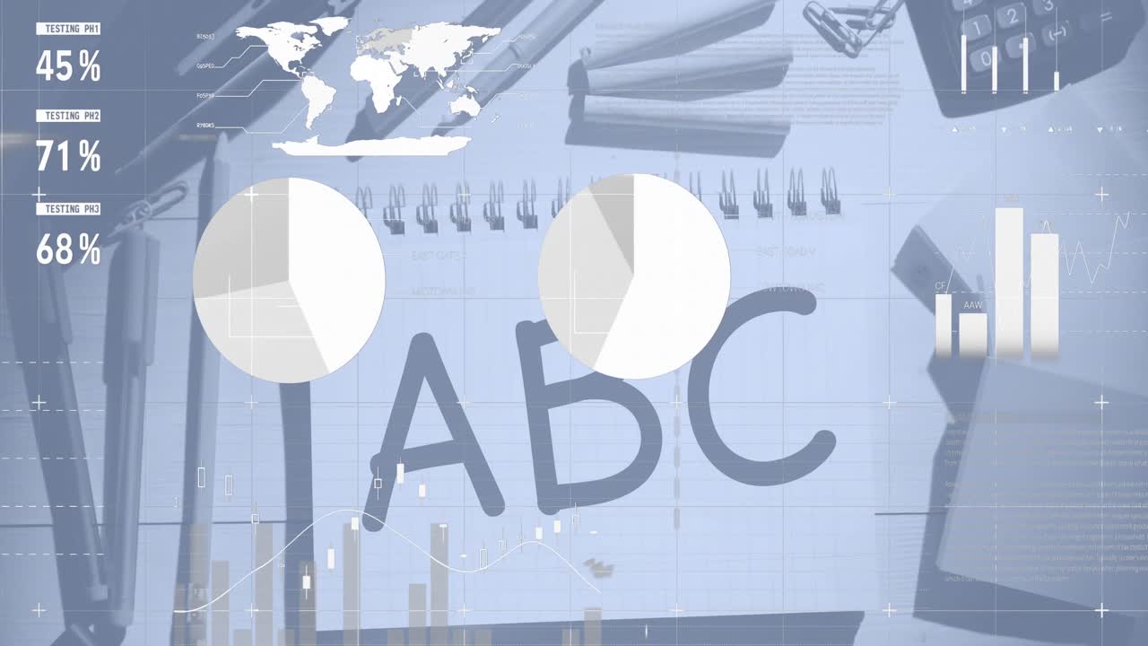 Animation of data processing over letters and school items