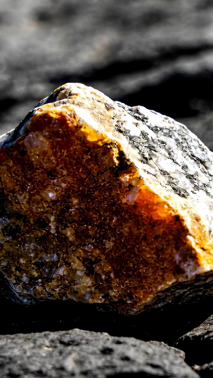 Vertical video: Shifting camera revealing fractured stone amber face on dark rocks, showing flecks