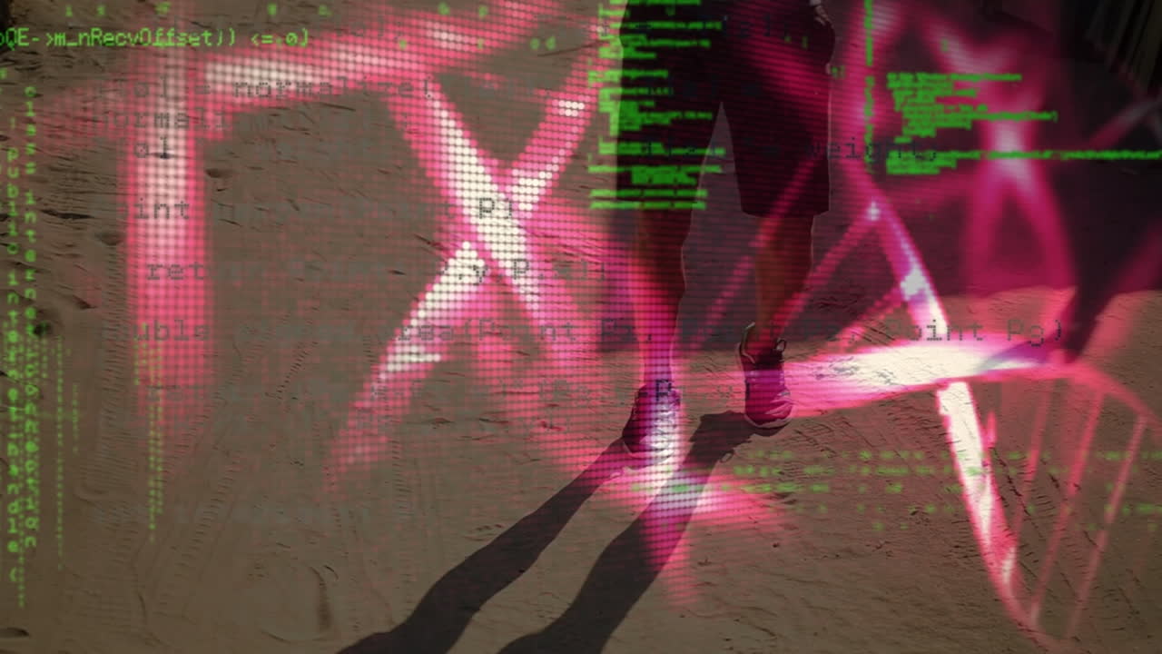 Animation of screen with scientific data and dna over legs of caucasian man running