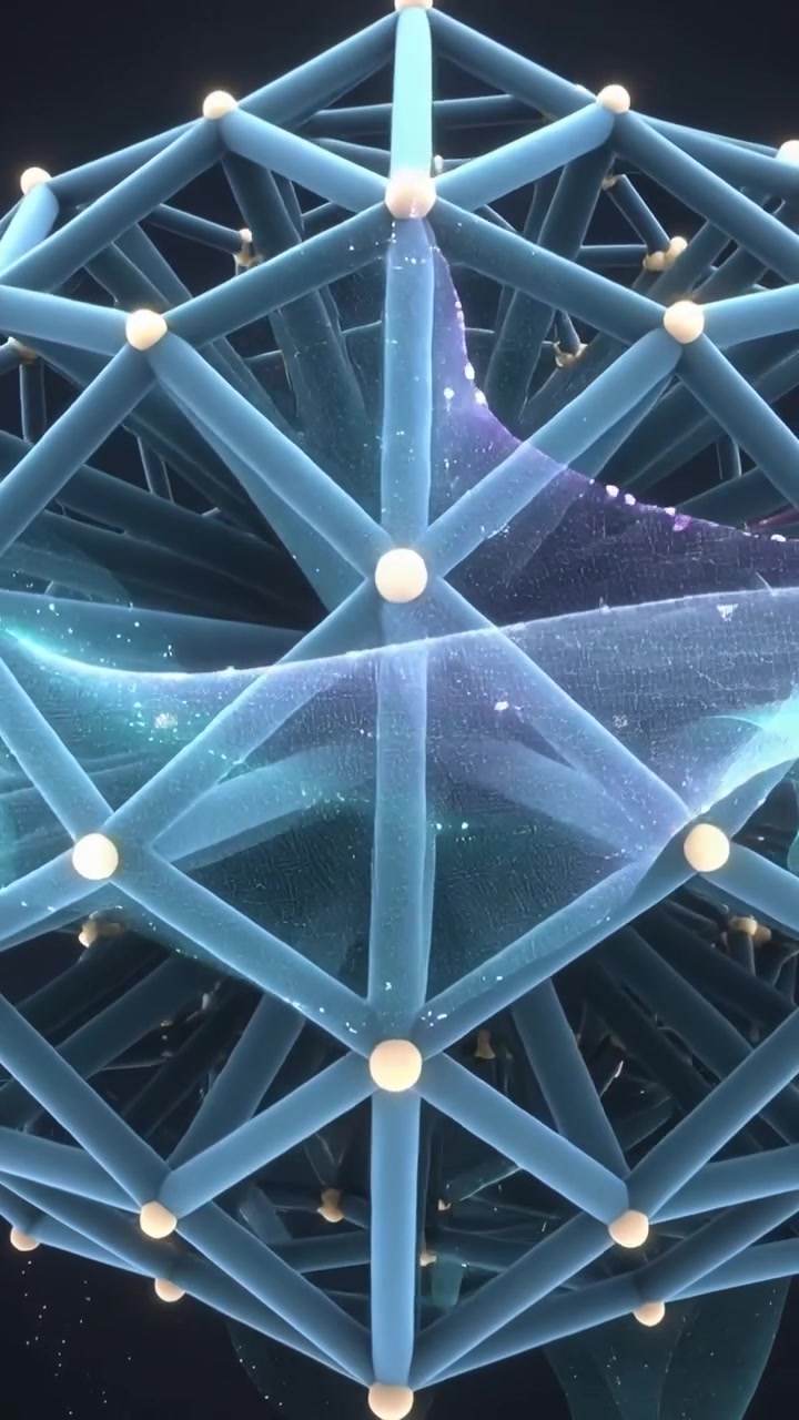 Vertical video: Rotating blue lattice pushing teal membrane into core in void, scattering specks