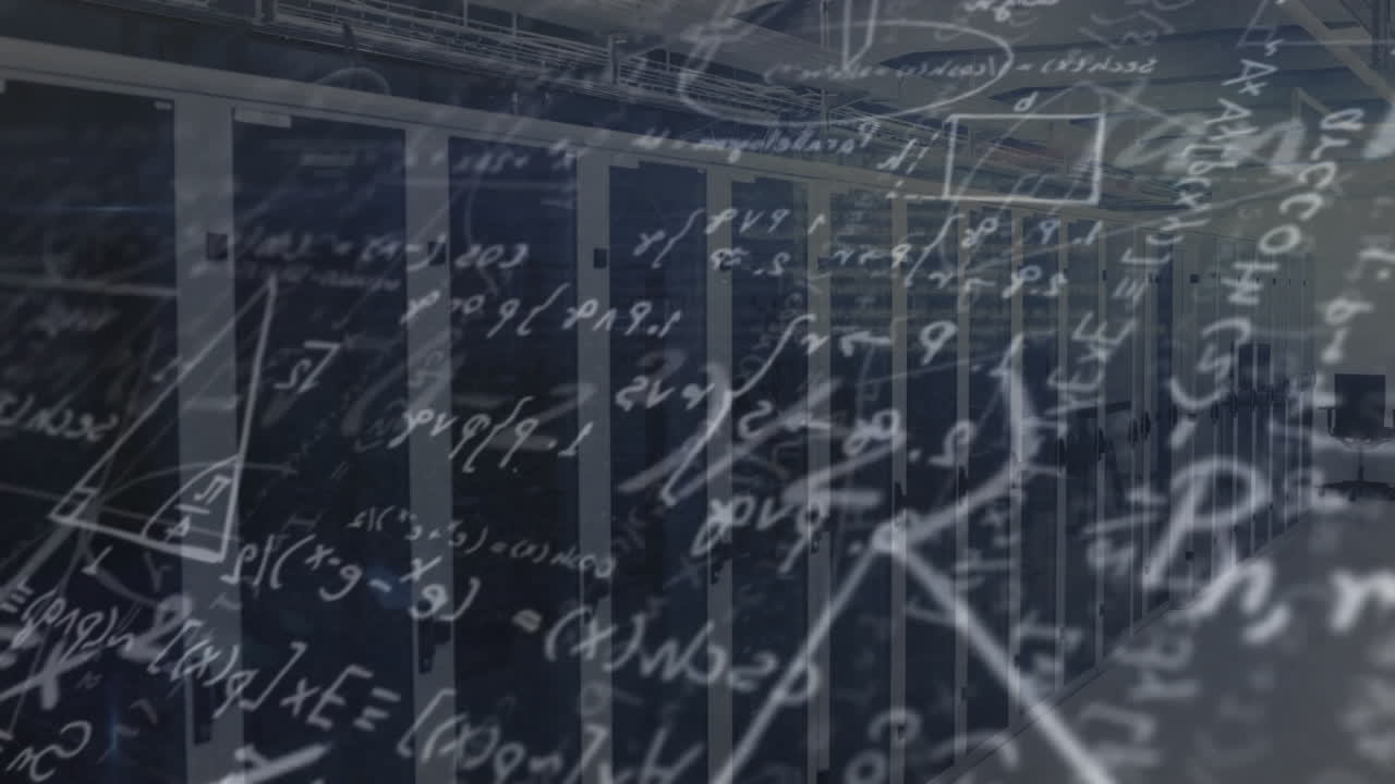 Overlaying mathematical equations and graphs in school animation, server room setting