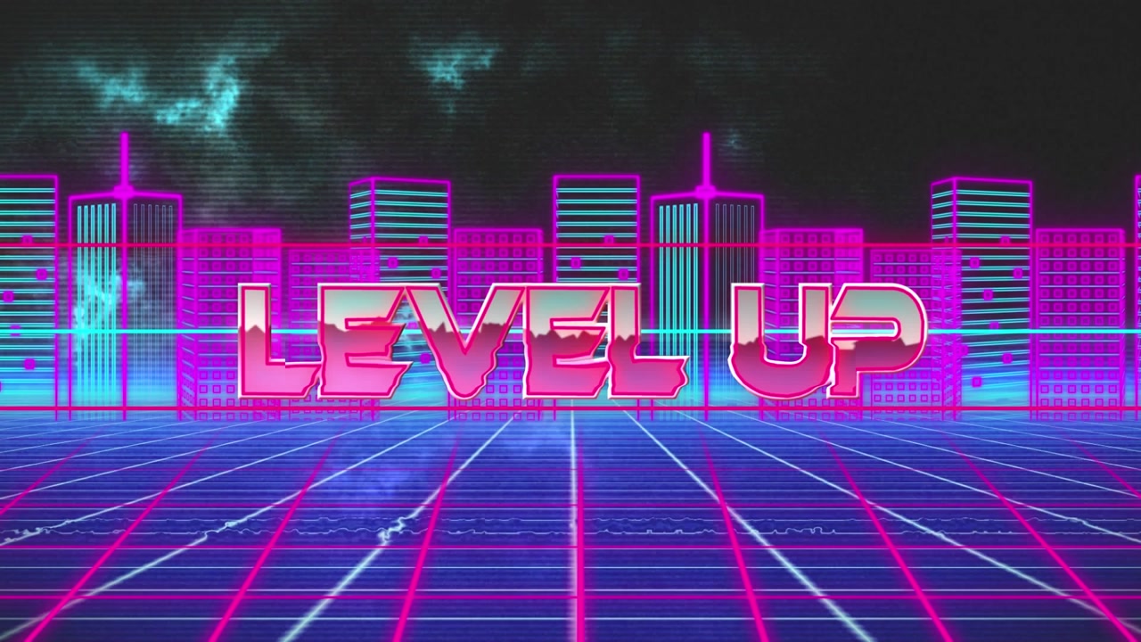 Animation of level up text over digital city on black background