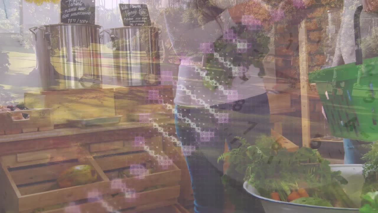 가게에서 백인 여성에 대한 dna 스트랜드의 애니메이션.