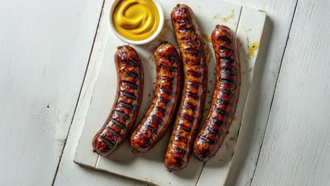 grilled sausages with mustard on wooden board