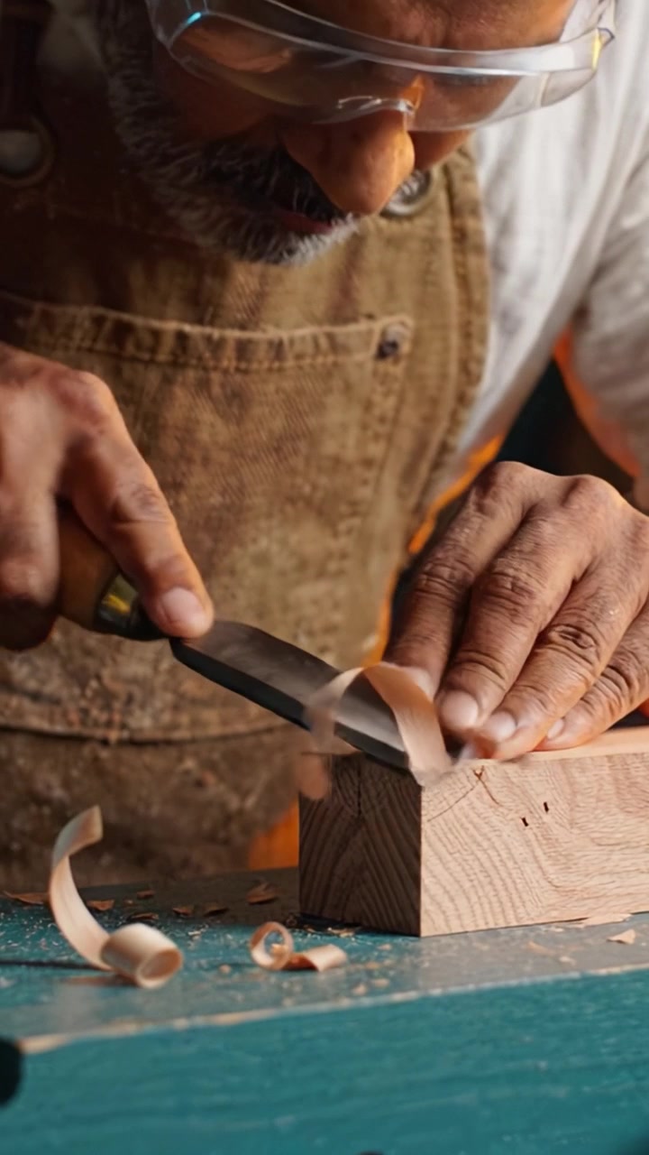Craftsmanship Refined: A Skilled Artisan Using a Chisel on Wood to Create Beautiful Shavings in a Hands-on Crafting Process with Precision and Focus