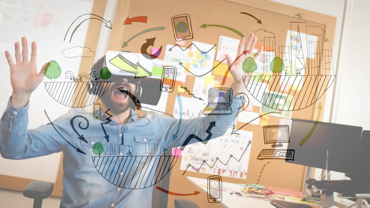 hombre emocionado con las manos levantadas sobre la comunicación digital y la tecnología de animación