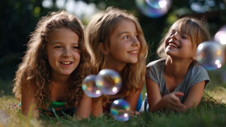 Sunlit grass beneath playful children's laughter. Three girls lie low, blowing bubbles with joy. They smile, eyes bright, as bubbles float near their faces