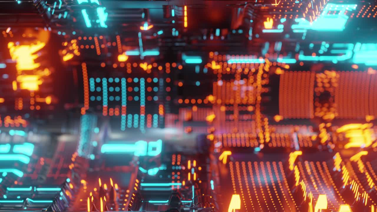 movimiento gráfico 4k bucle sin costuras de fondo de tecnología abstracta, led y partículas parpadeantes. animación de señal de circuito eléctrico con brillo de luz y bokeh.