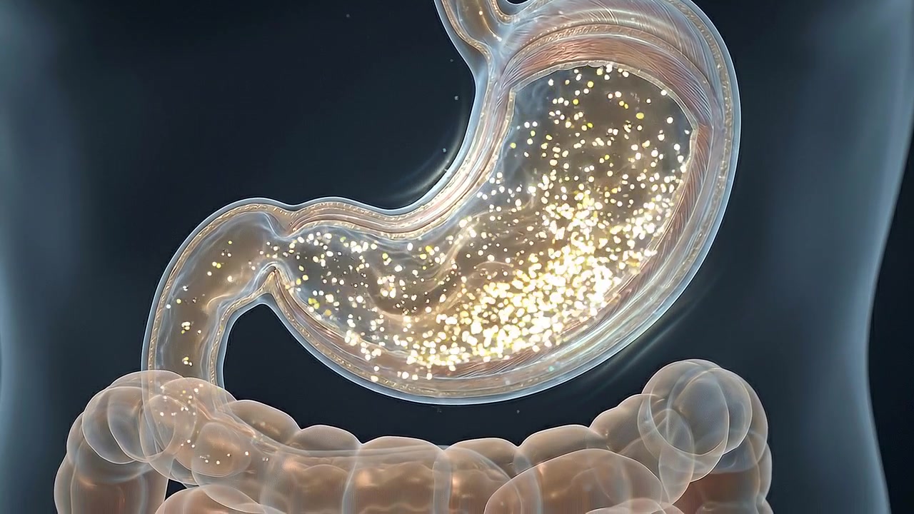 Cutaway human stomach containing luminous particles in digestive visualization