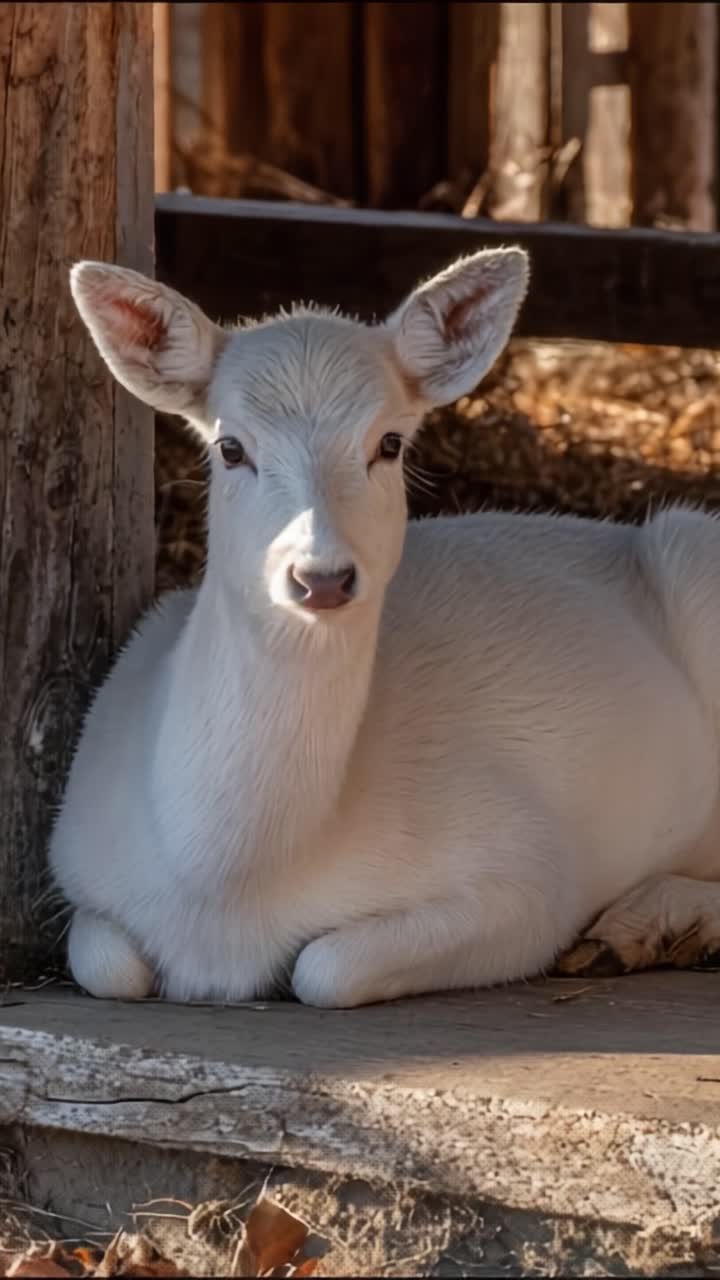 Un cervo bianco sereno e bellissimo riposa pacificamente nel suo habitat naturale, mettendo in mostra i suoi lineamenti delicati e il suo comportamento calmo nella tranquillità circostante