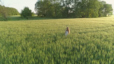 girl walking in field at sunset, flying around