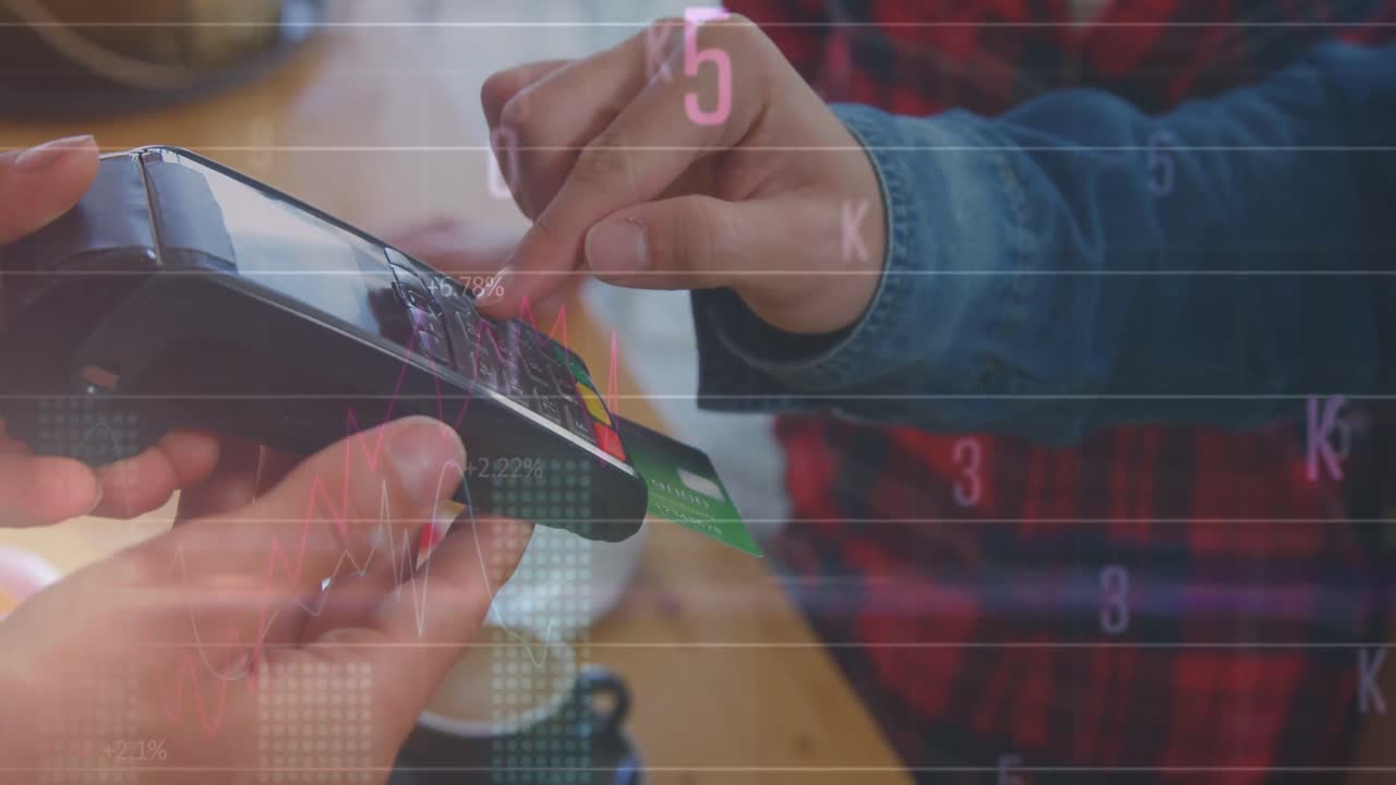 animación de números cambiando de manos de personas caucásicas que utilizan terminales de pago