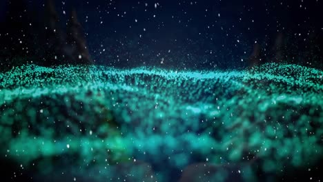 animation of snow falling over glowing green mesh waving in background