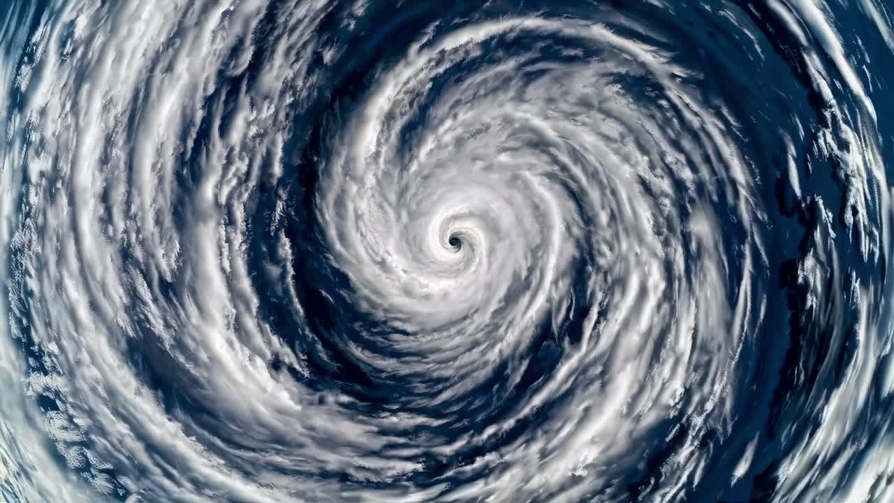 Luftfoto af en enorm orkan, der hvirvler over havet, og viser stormens øje