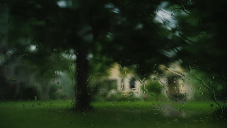 Blick-Durch-Das-Nasse-Glas-Eines-Autos-Bei-Starkem-Regen-Fährt-Ein-Auto-Durch-Einen-Amerikanischen-Vorort