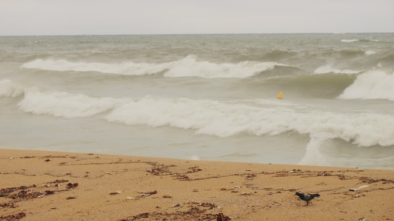 Stormy weather along the beaches of Spain Barcelona, Barceloneta view during the rain