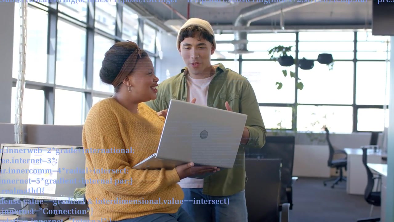 Woman tilting laptop, sharing screen for tech review, man leaning, gesturing while overlay grows