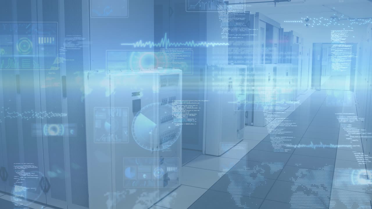 インターフェース画面のアニメーションとコンピュータサーバールームを移動する情報