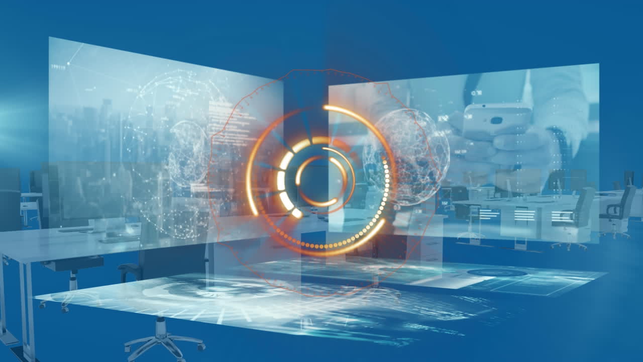 빈 사무실에서 스 ⁇  스캐닝과 데이터 처리의 애니메이션