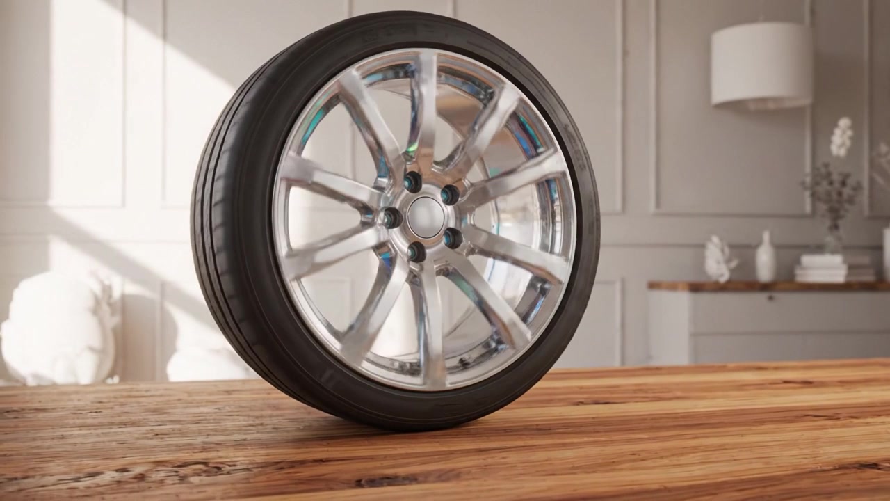 Uno splendido cerchio in lega d'argento su un tavolo di legno, che mostra il suo design elegante e l'estetica moderna, riflettendo magnificamente la luce in un'accogliente ambientazione interna.