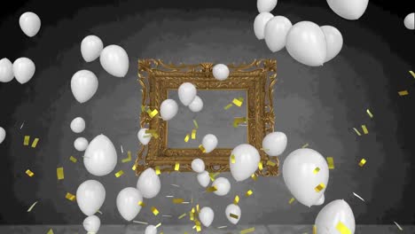 confeti dorado cayendo y múltiples globos flotando contra un marco sobre un fondo gris