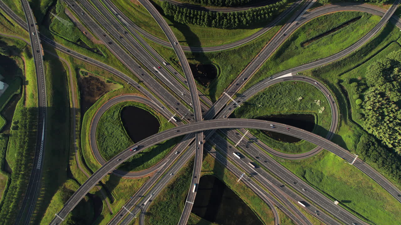 Traffic Over Ridderkerk Highway Junction Near South of Rotterdam, Netherlands. Aerial Topdown Shot