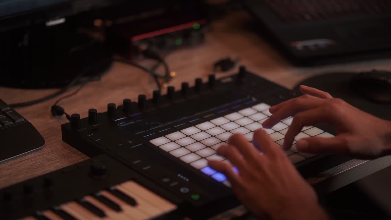 dj está tocando música en el hardware de producción de música akai, cámara lenta de cerca