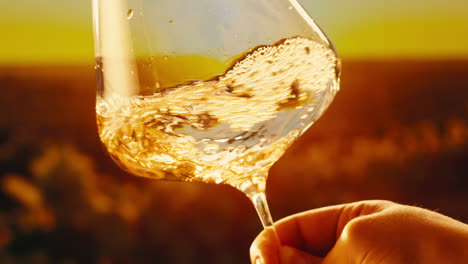 orange or white wine bottle and glass against a sunset in a peaceful vineyard, pouring of ecological natural wine.