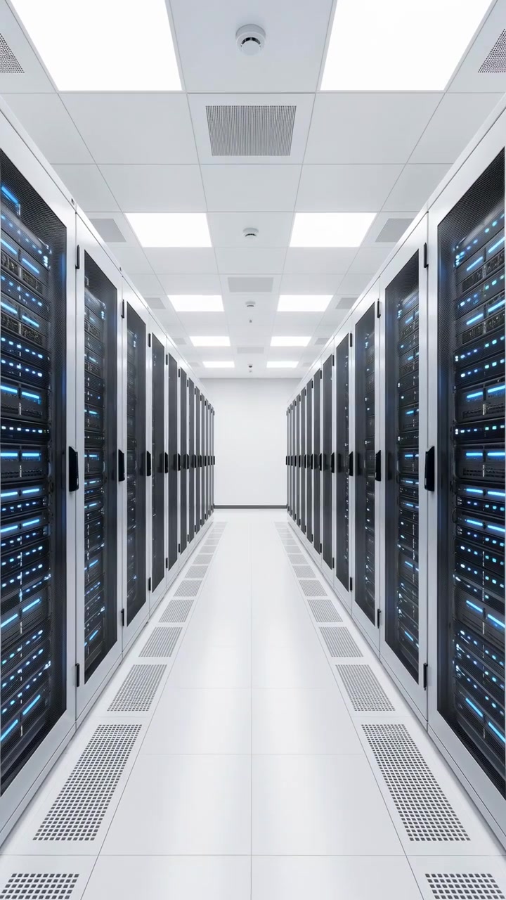 Jævn fremadgående bevægelse gennem en smal gang i et datacenter indrammet af høje serverkabinetter på begge sider, med perforerede gulvventiler, kølige blå indikatorlys, reflekterende metaloverflader og præcise
