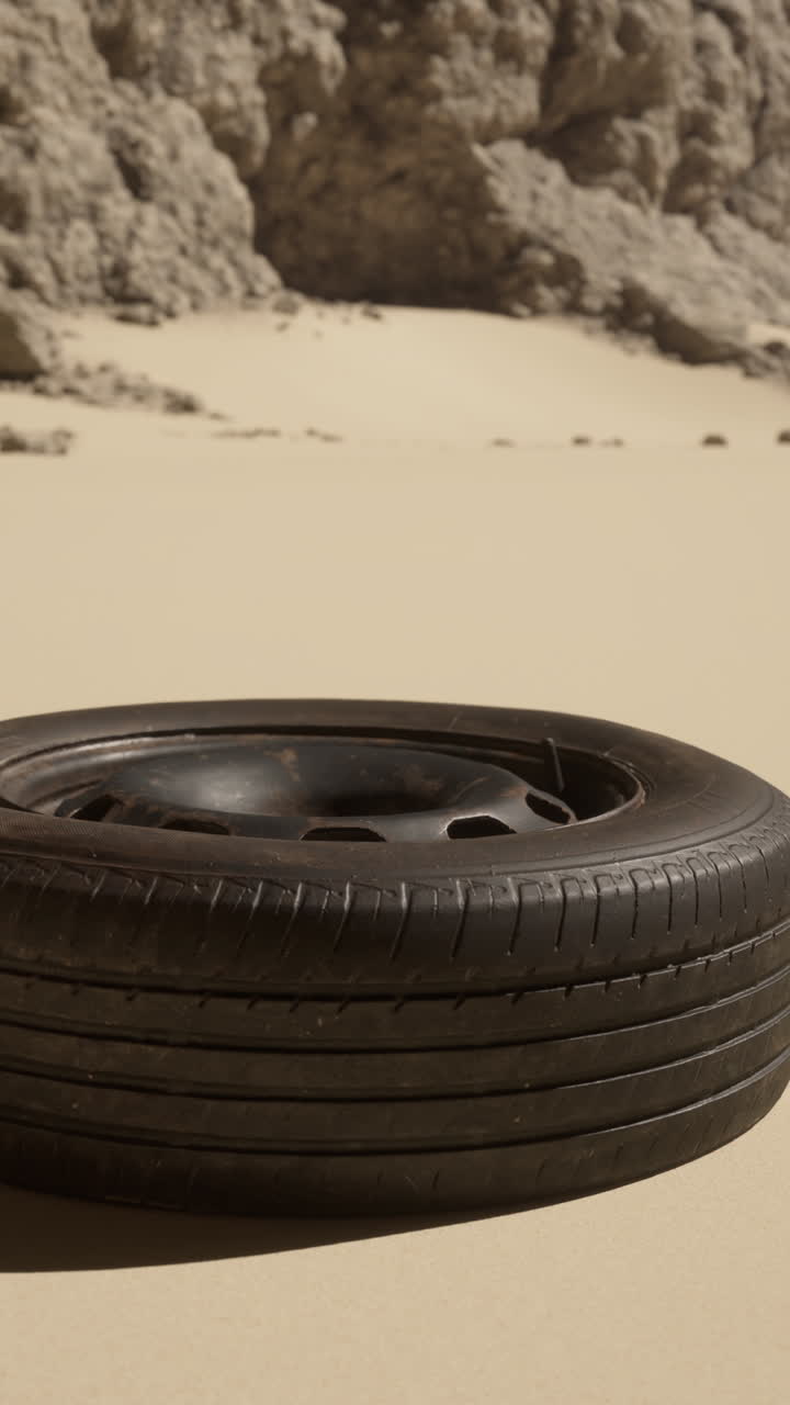 un viejo neumático sentado en una playa de arena