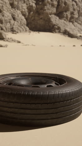 an old tire sitting on a sandy beach