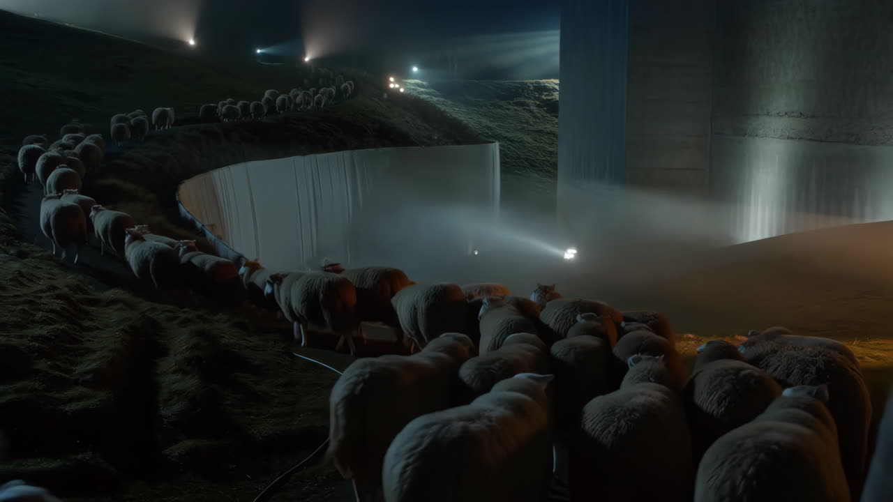A flock of sheep follows a curved path illuminated by spotlights at night