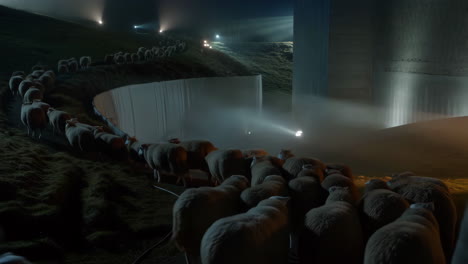a flock of sheep follows a curved path illuminated by spotlights at night