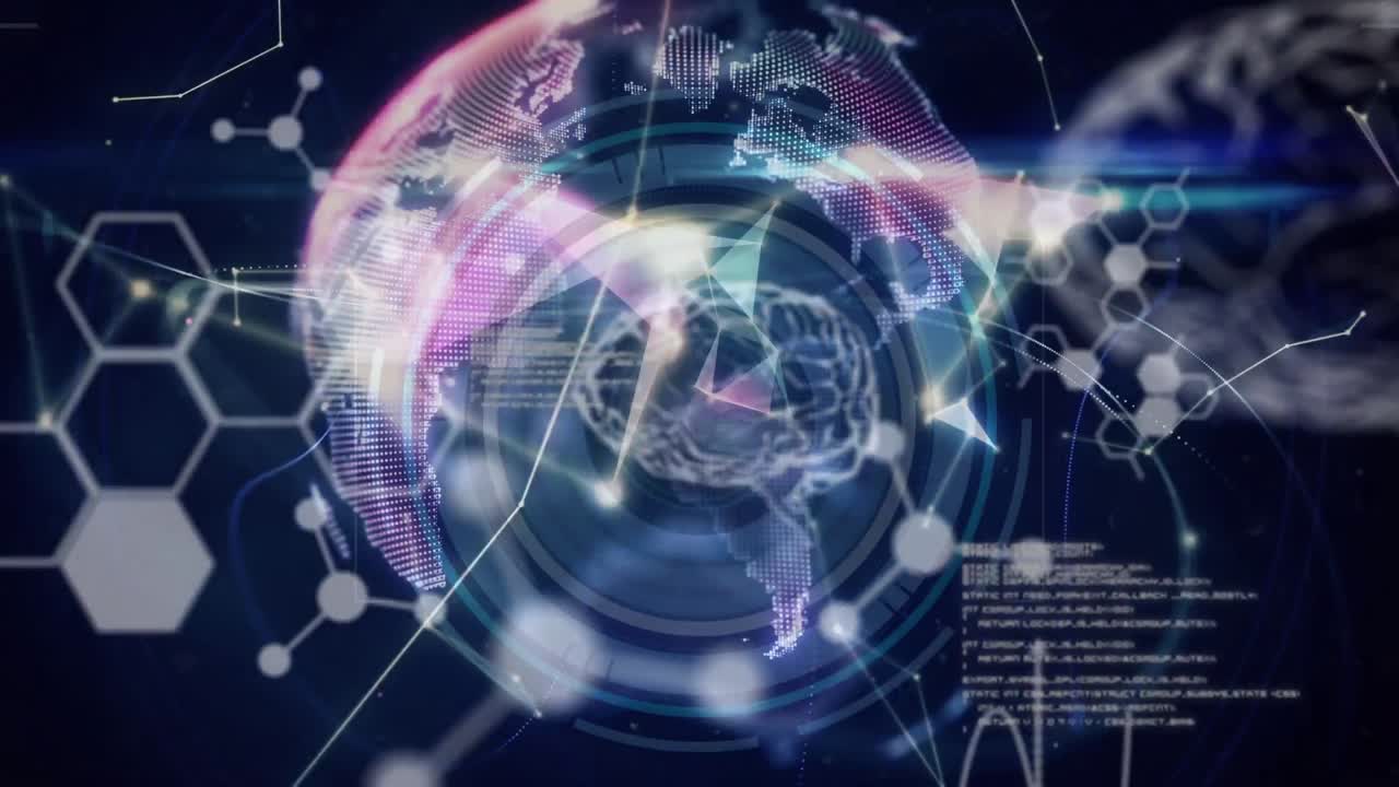 검은색 배경에 화학 공식과 뇌 연결의 애니메이션