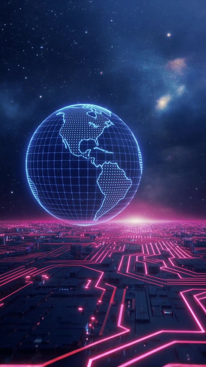 Digital Globe Rotating Above Futuristic Circuit Board Landscape