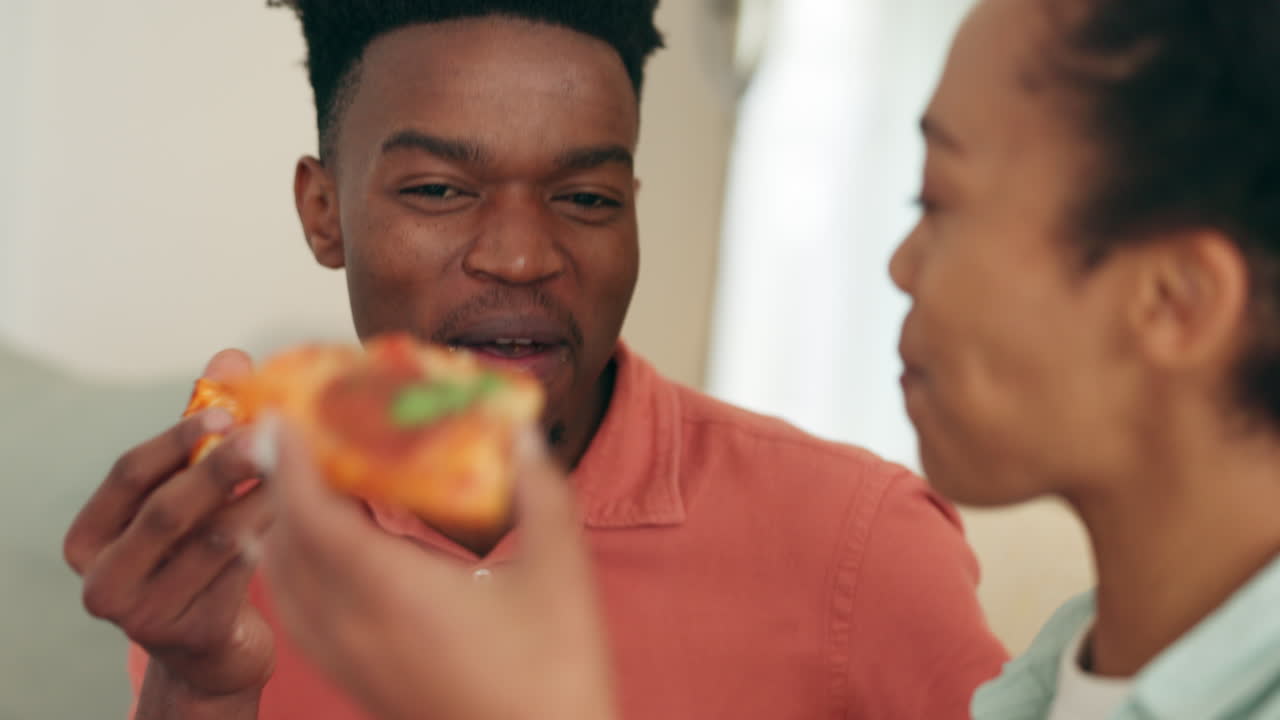 Black couple, pizza and fast food with young man