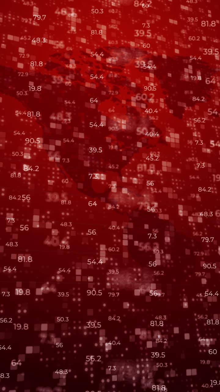 World map with financial chart concept. Blinking pixels and dots on red screen. Grid of changing numbers and lines. Looped motion graphics. Vertical video.