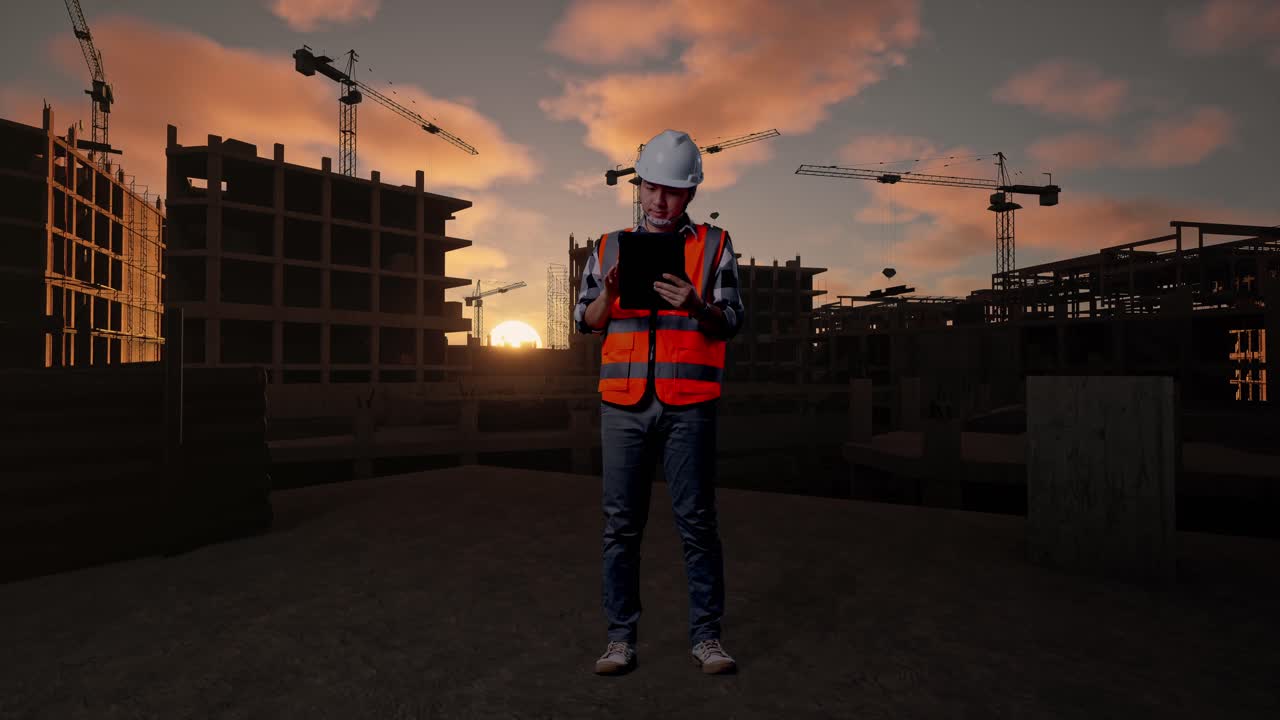 Full Body Of Asian Male Engineer With Safety Helmet Working On A Tablet While Standing At Building & Construction Site in Progress to New House