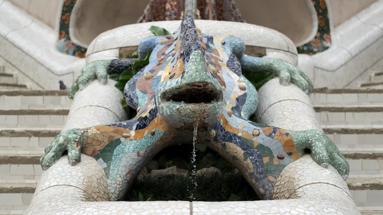 Mosaic lizard or salamander fountain in Park Guell. Barcelona. Spain