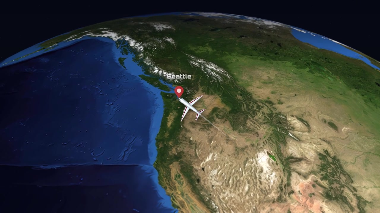 Satellite view animation tracks a commercial airplane flying from Mexico City north to Seattle