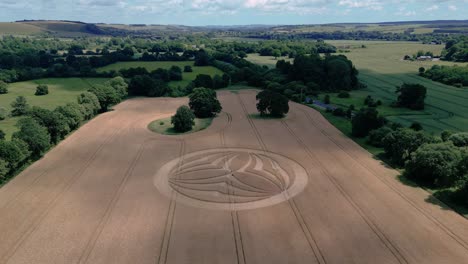 warminster 2023 crop circle pattern on vast british farmland harvested wheat field aerial orbiting view