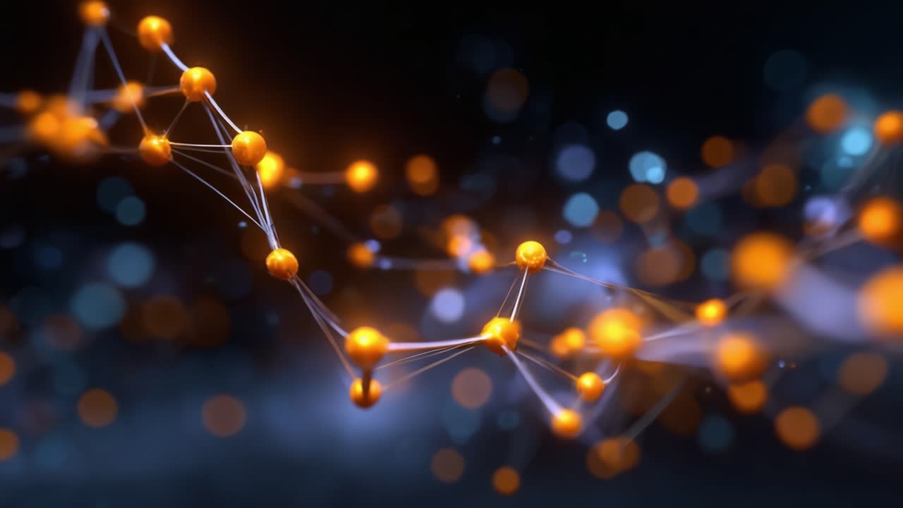 Abstract representation of molecular structures with vibrant orange and blue elements, showcasing the intricate connectivity of particles in a digital environment