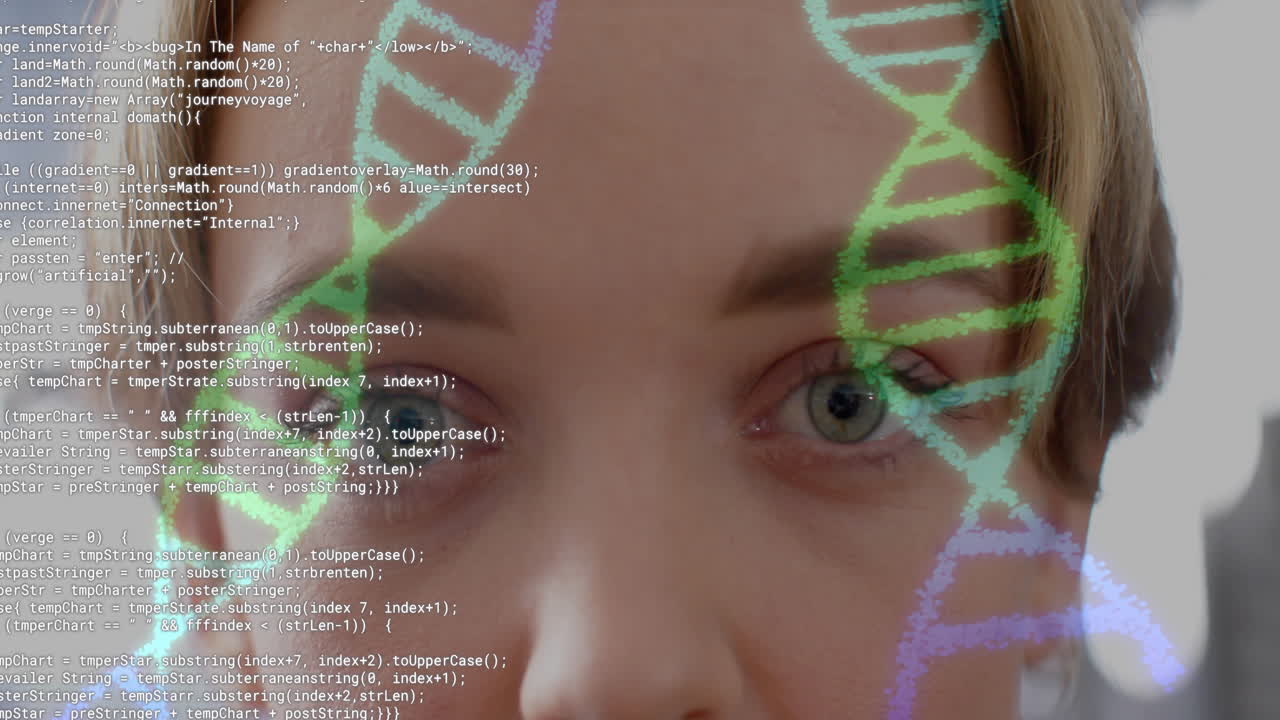 DNA strands and programming code animation over close-up of person face