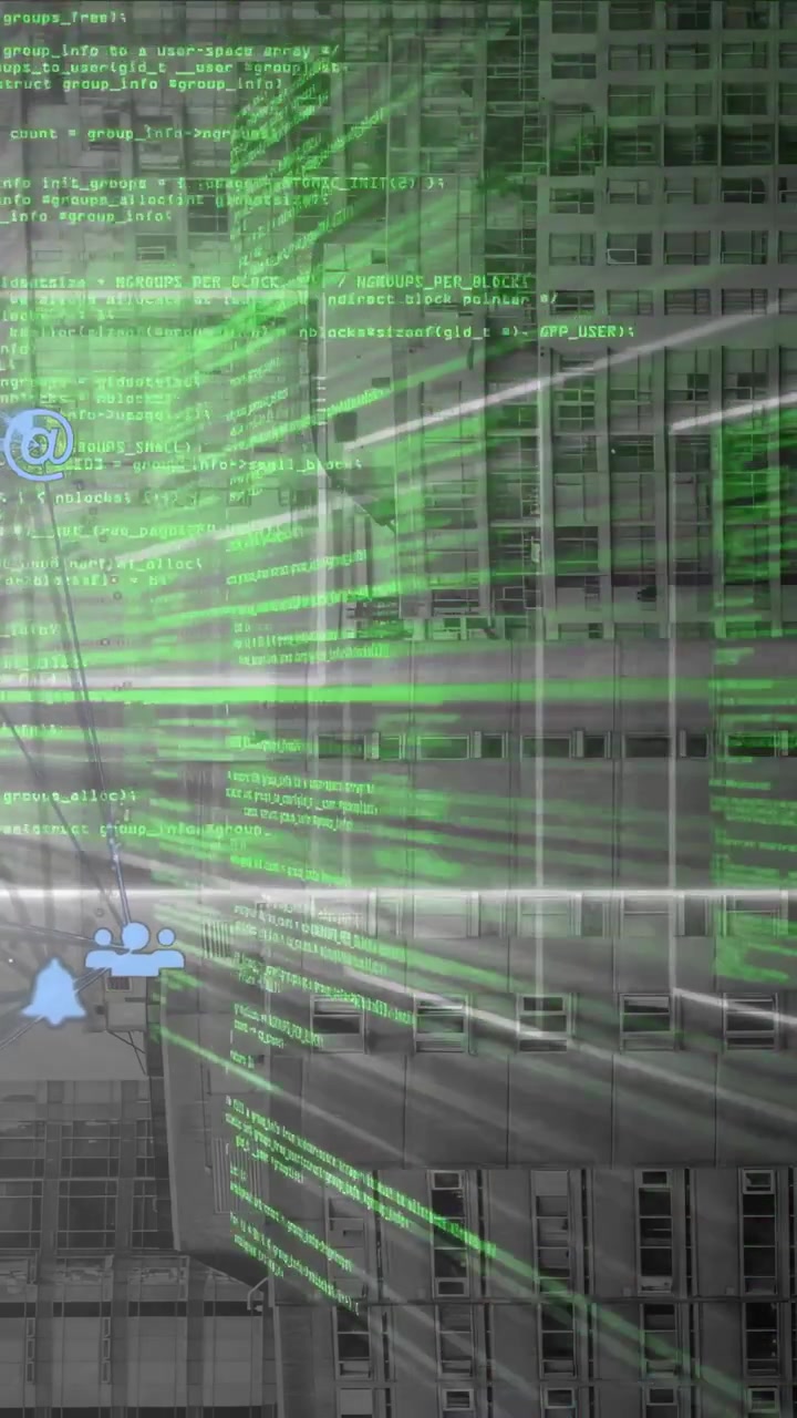 Vertical video: Green code appearing right, rays coming left, sweeping facade, showing tech data