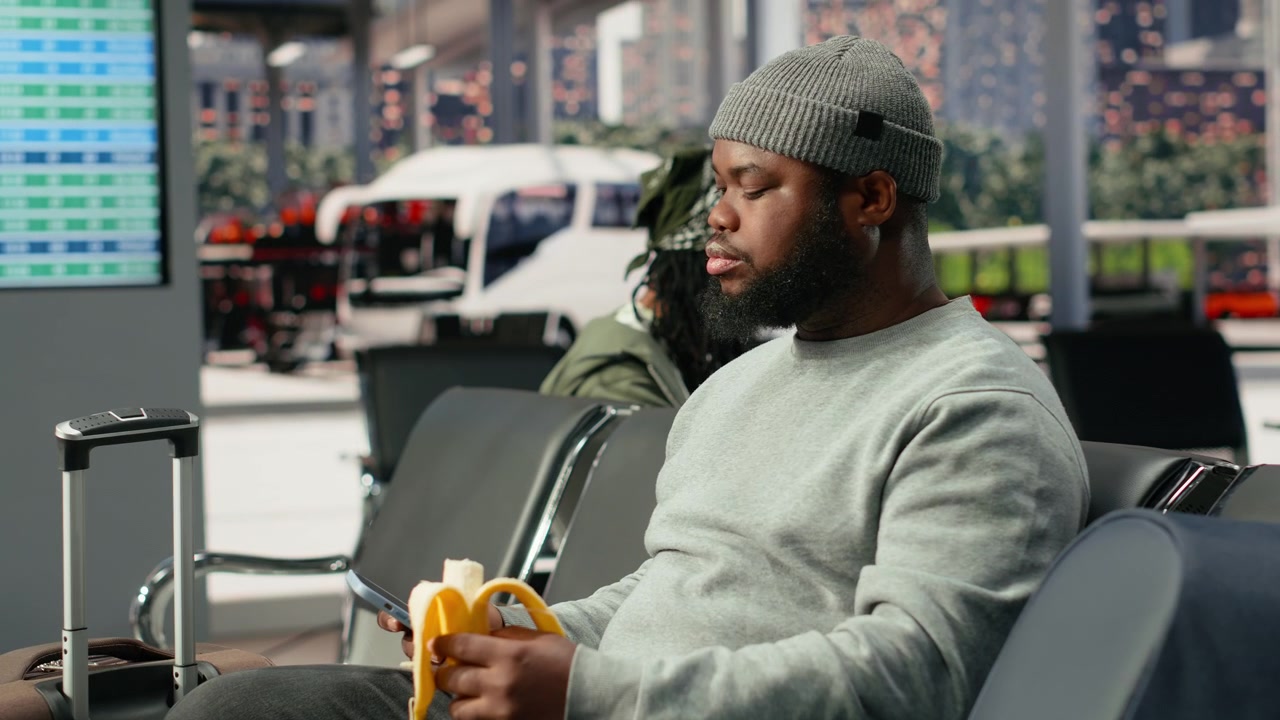 Traveler eating banana in coach terminal to gain energy before long journey